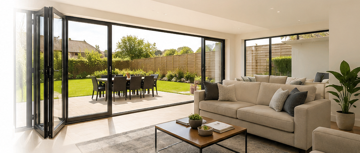 Modern home with aluminium bi-fold doors opening onto a landscaped garden in Peterborough.