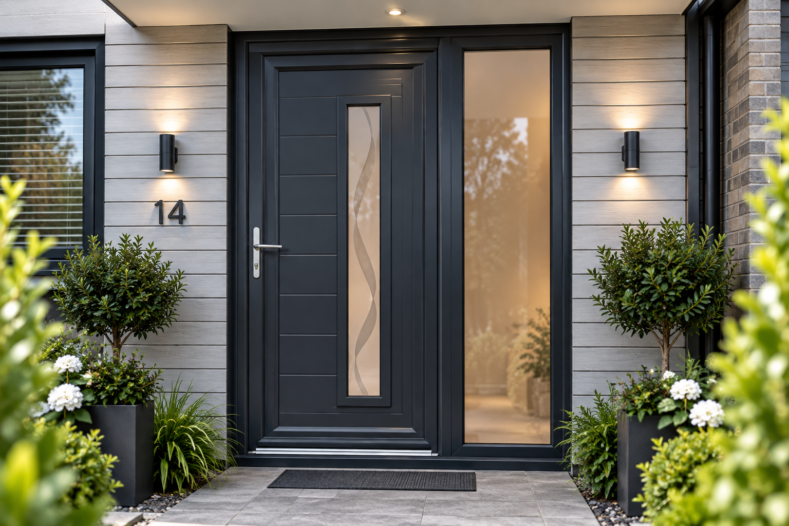 Modern anthracite grey uPVC front door with decorative glass installed in Peterborough