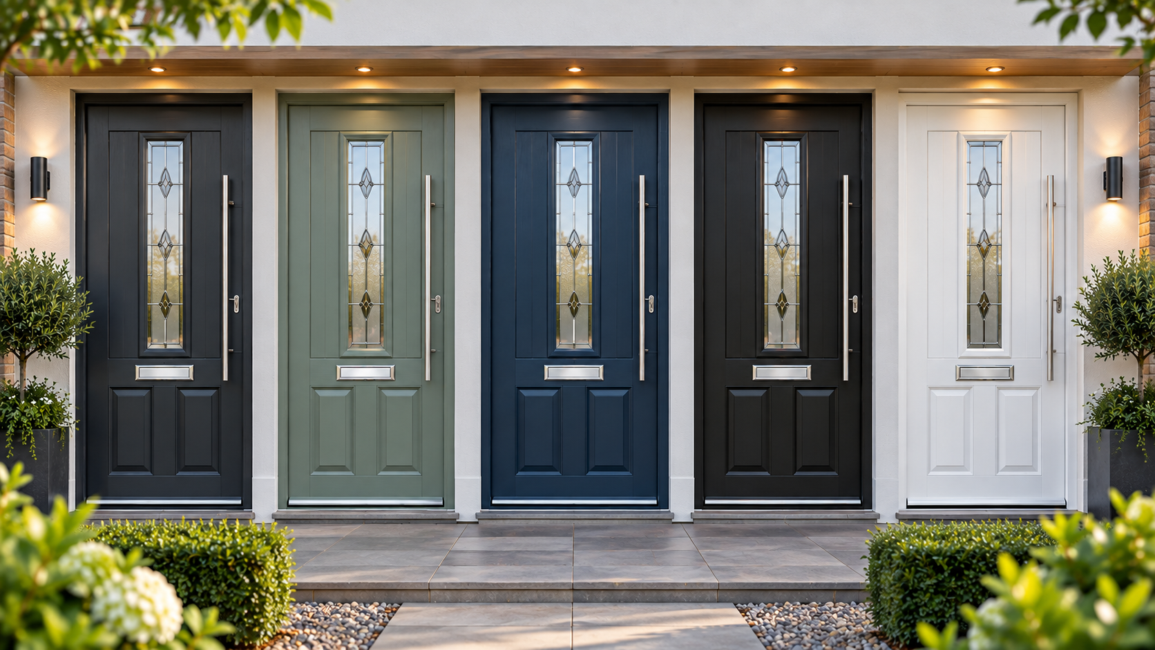 Composite door colour ideas in anthracite grey, sage green, blue, black and white