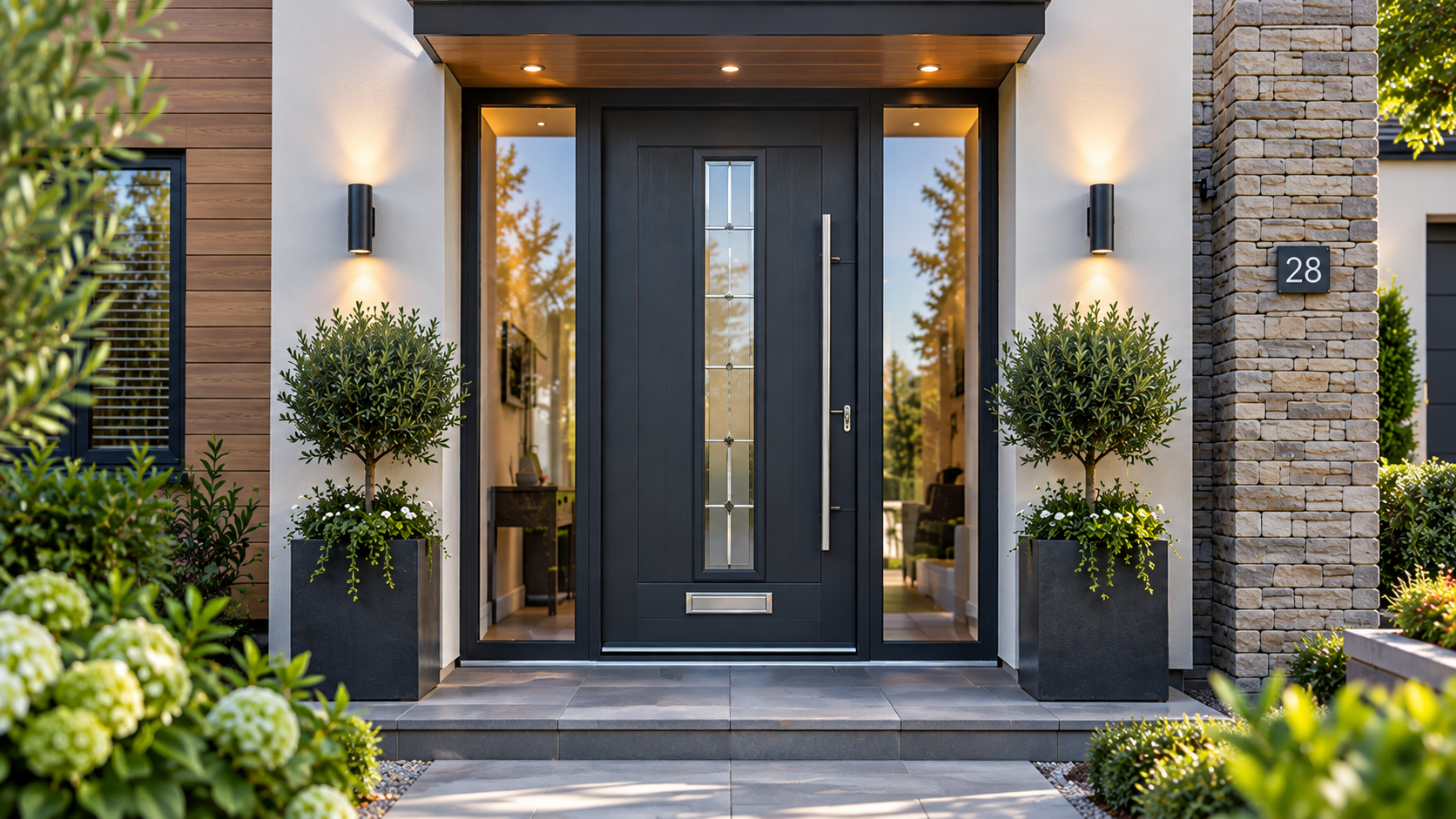 Modern composite front door ideas with anthracite grey door and sidelights