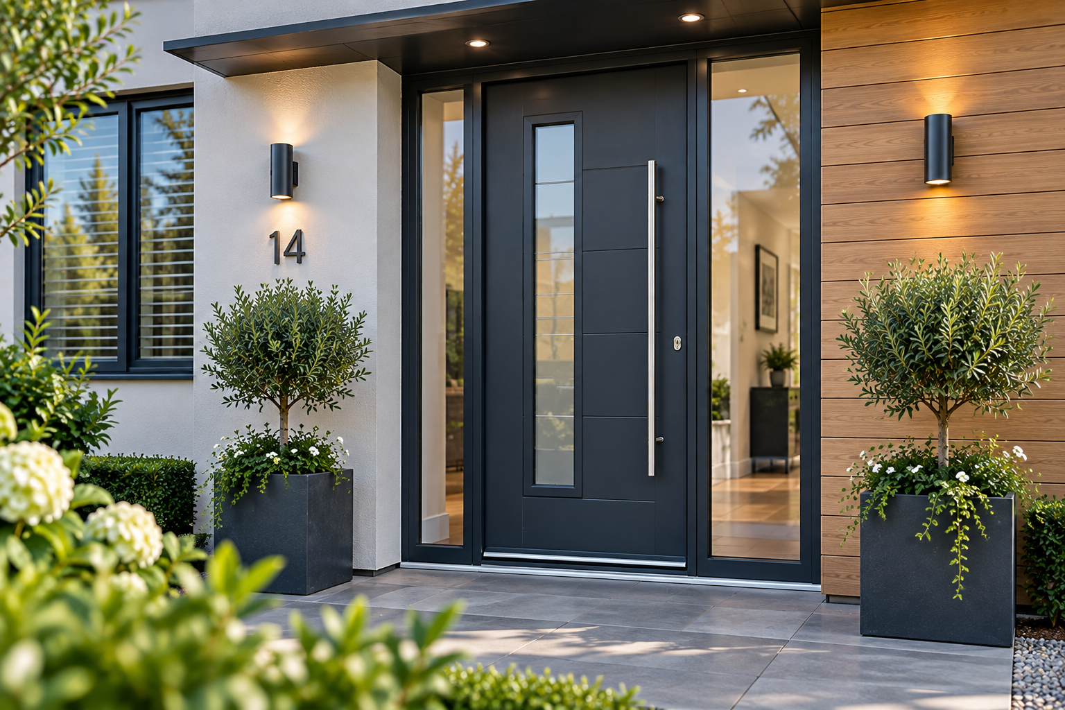 Modern front door ideas with anthracite composite door and contemporary glazing
