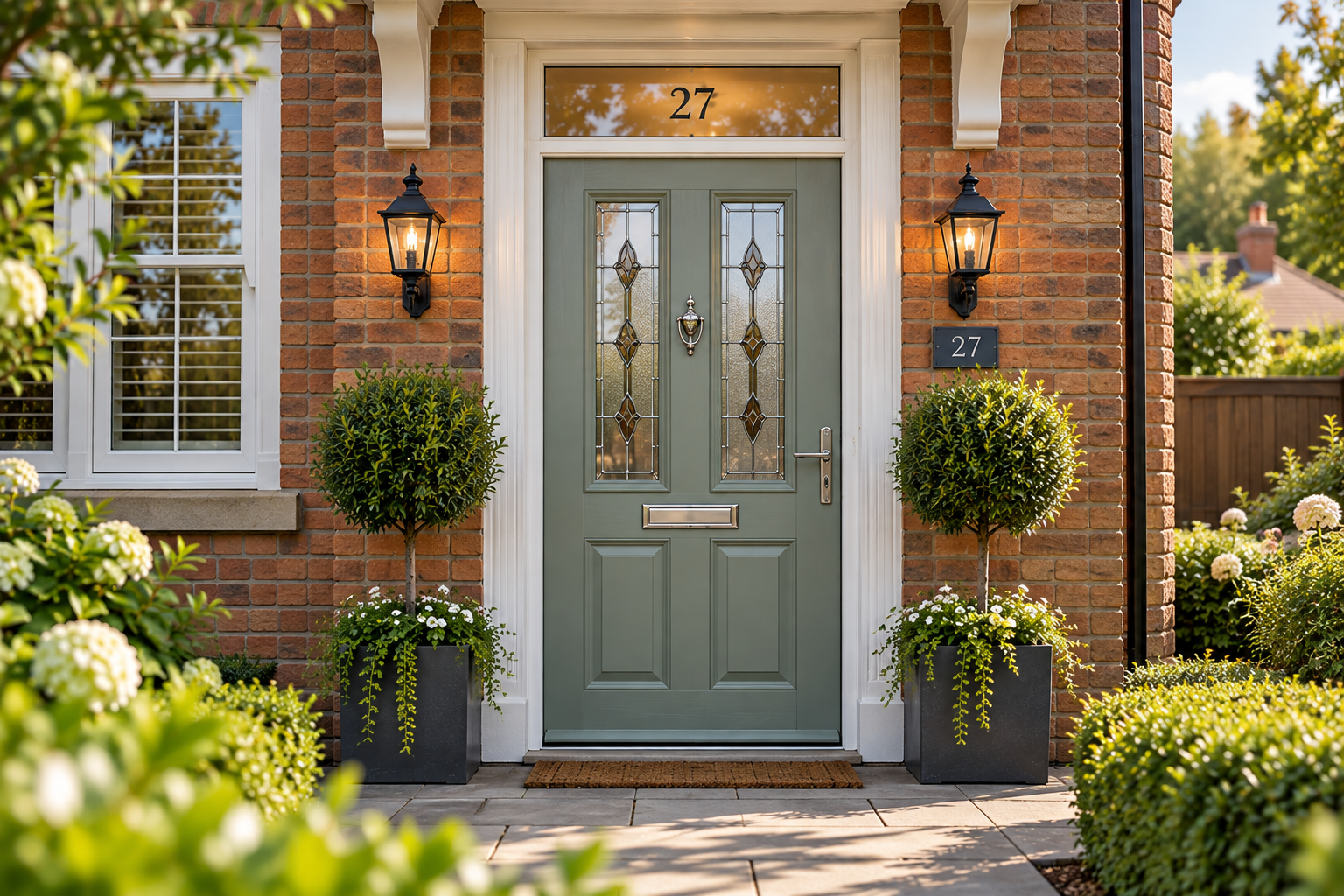 Traditional front door ideas with sage green composite door and decorative glazing