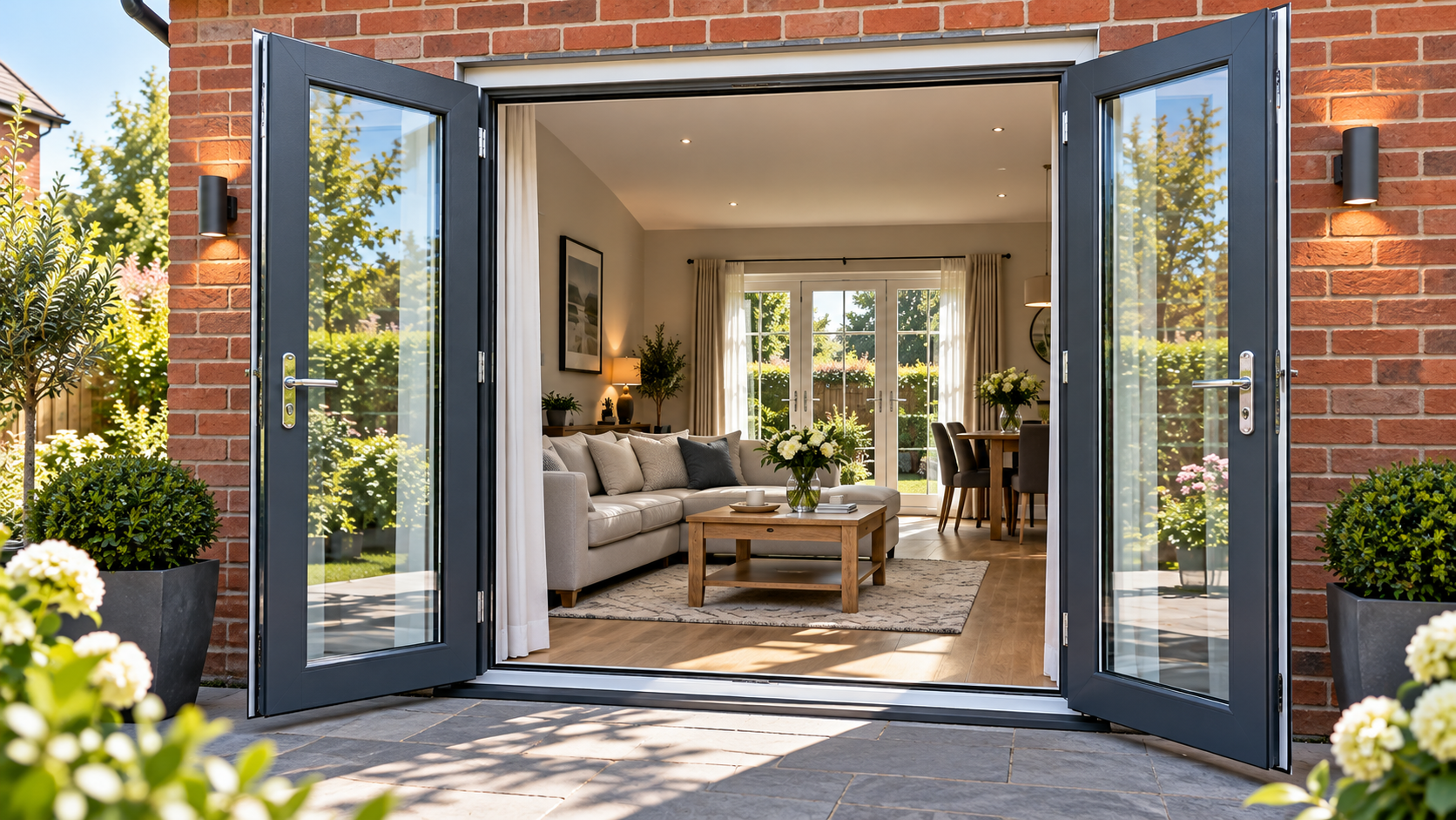 Modern grey uPVC French doors opening outwards at a red brick home in Peterborough