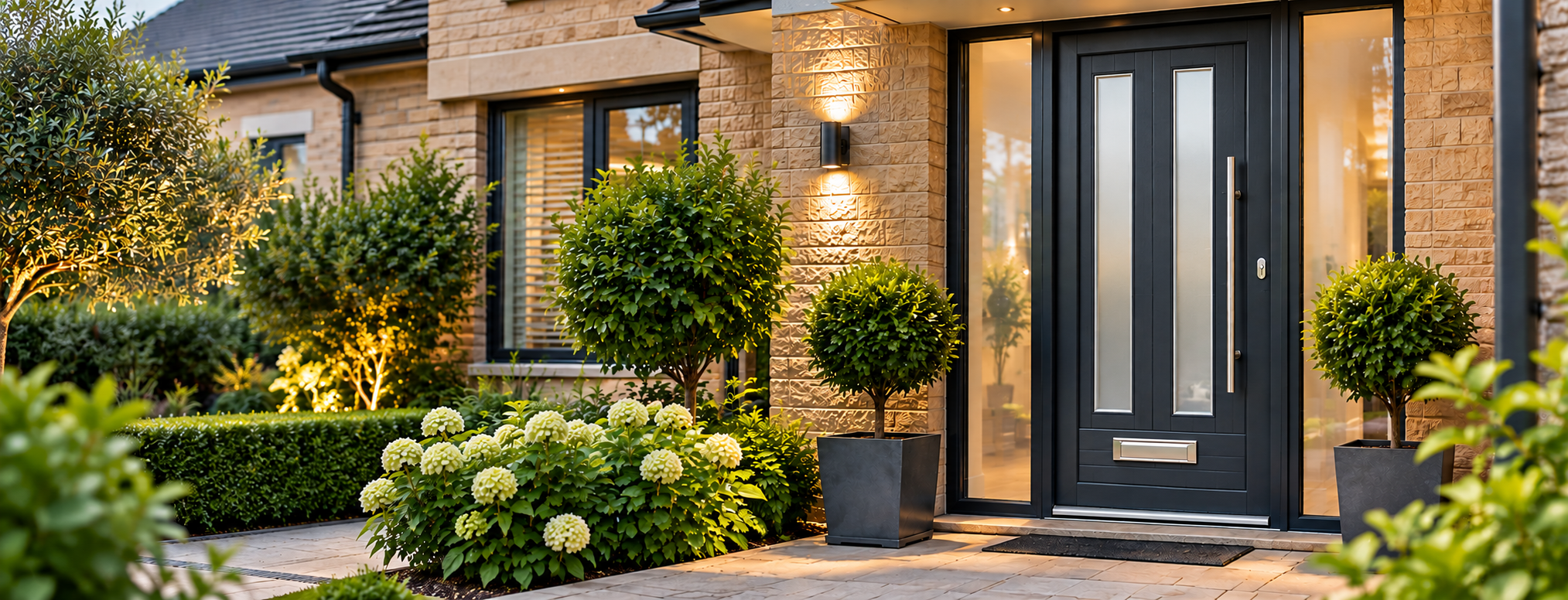 Composite front door with satin glass professionally installed in Peterborough