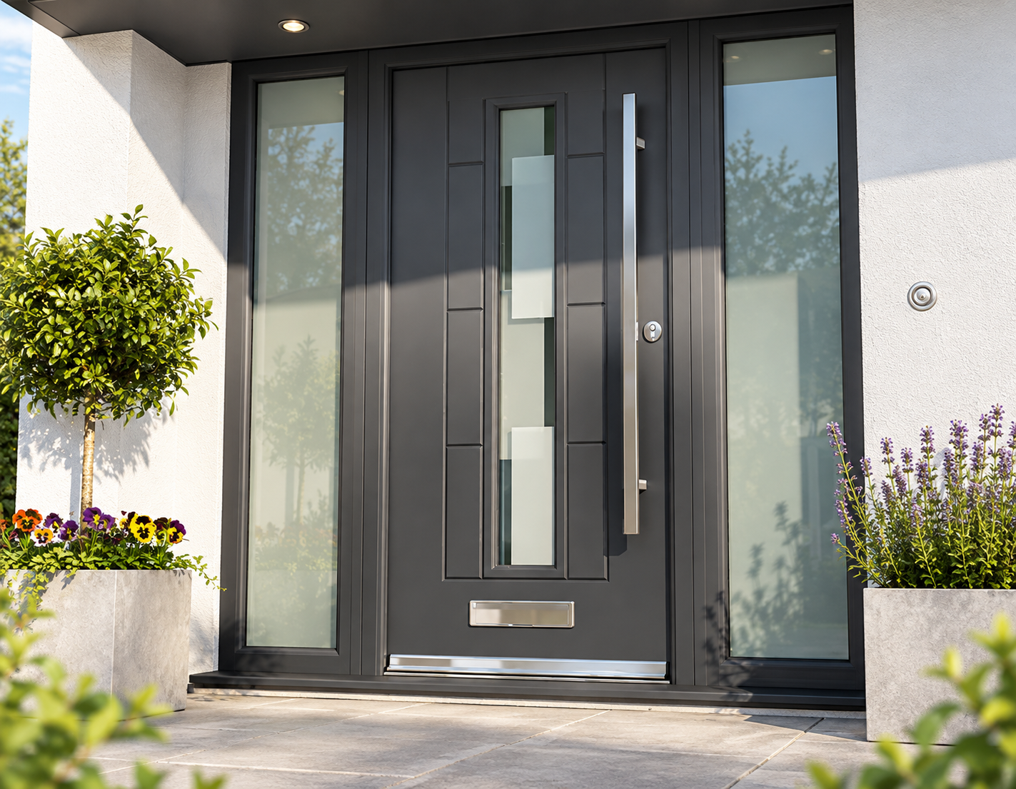 Rockdoor Vermont anthracite grey composite front door with Shade glass in Peterborough